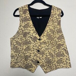Linda Tilson Baig Black Fish Birds Hooks Womens XL Vest‎ Novelty Artsy Eclectic